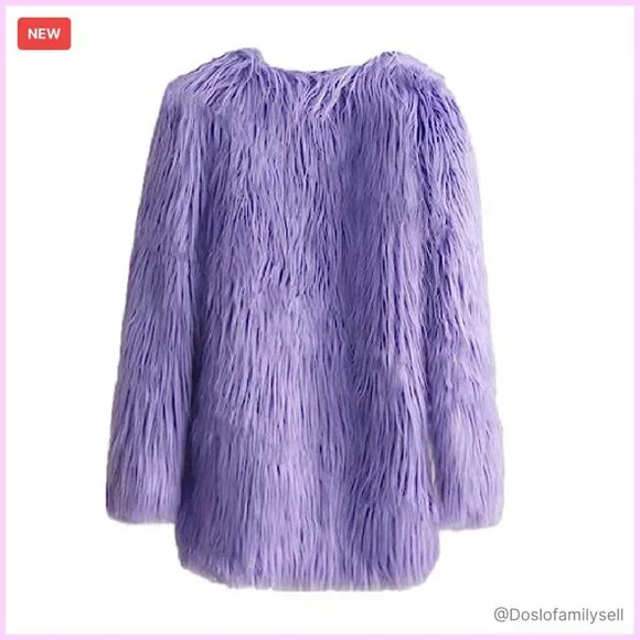 Faux Fur Coat Long Sleeve Fluffy Shaggy Jacket Women's Winter Outerwear Chic - Picture 3 of 4